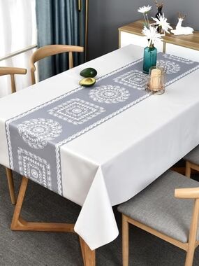 Vinyl Rectangular  Tablecloth With Gray Runner Printed Down Center 54 X 78